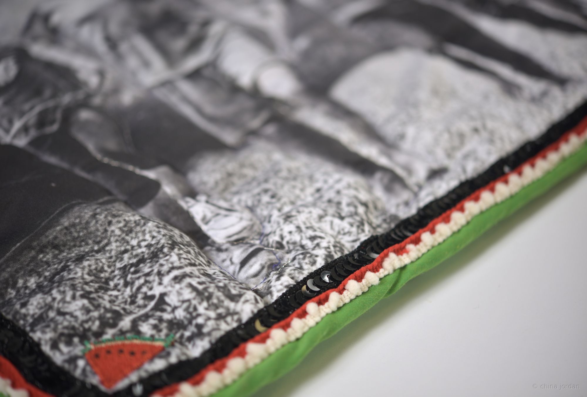 Play (close-up detail) — sequinned border with watermelon applique